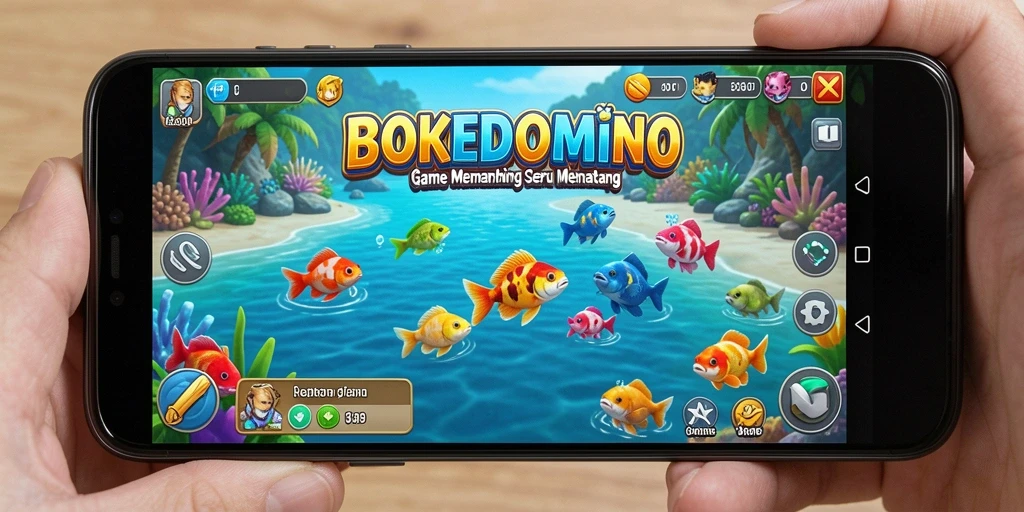 Tampilan gameplay BOKEDOMINO yang menampilkan aksi memancing di laut.