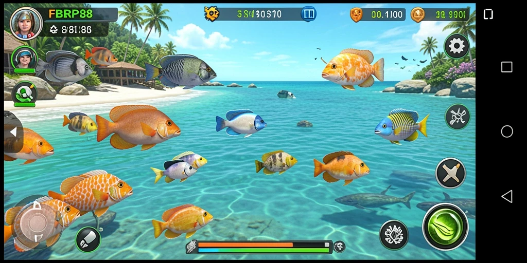 Tampilan gameplay FBRP88 saat menembak ikan di lautan dalam.
