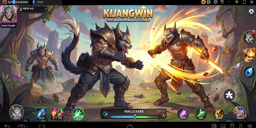 Screenshot gameplay KIJANGWIN yang menunjukkan pertarungan epik antar hero MOBA.