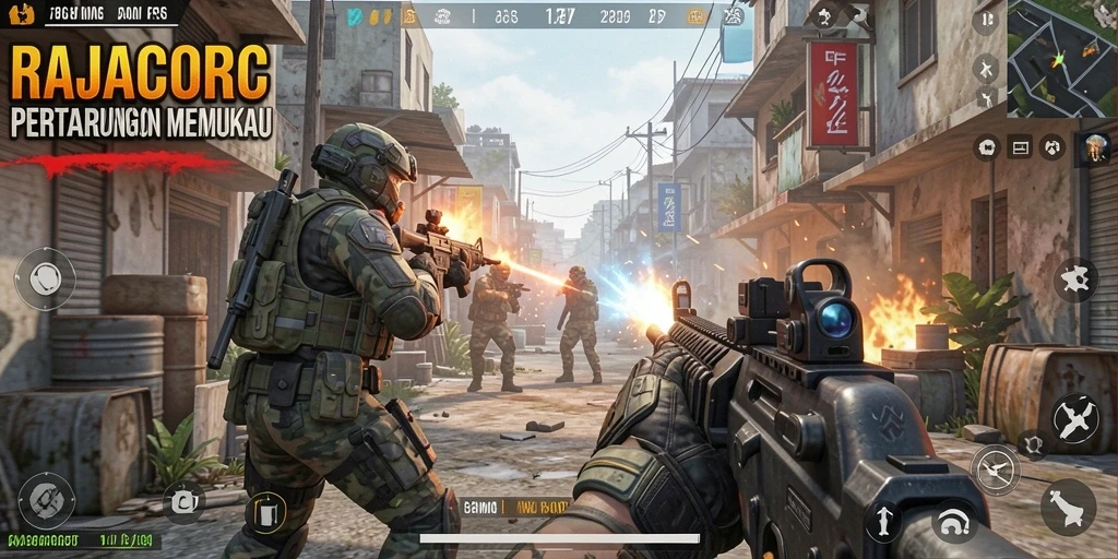 Tampilan aksi intens RAJACORC yang memukau dalam gameplay FPS.