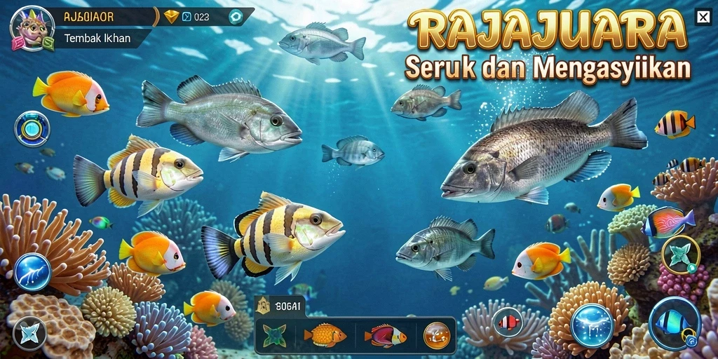 Screenshot RAJAJUARA menampilkan gameplay Tembak Ikan yang seru.