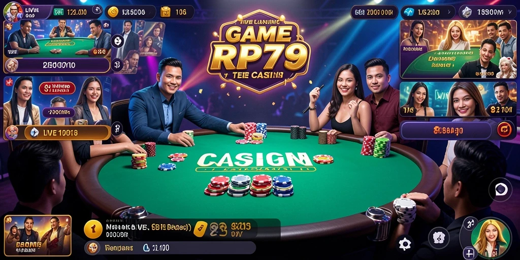 Screenshot gameplay RP79 menampilkan suasana Live Casino yang hidup dan interaktif.